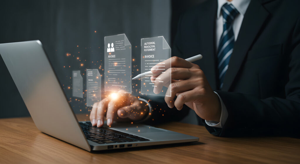 Business professional using a laptop with digital finance icons representing General Ledger ERP automation.