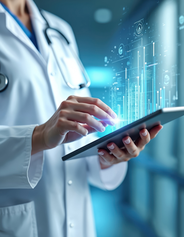 Healthcare worker engaging with Syspro's digital platform showing lot traceability, engineering change control, and quality management systems