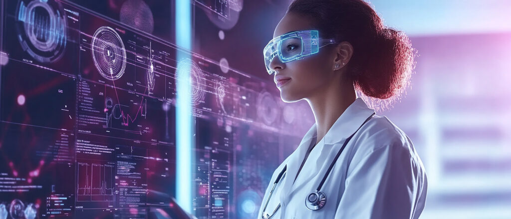Medical researcher in laboratory environment with holographic displays demonstrating Syspro's solutions for medical device manufacturing compliance
