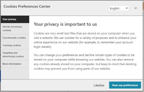 Cookie preferences pop-up window displaying Syspro's privacy message, allowing website visitors to review cookie categories, manage consent options, and choose between declining or saving their personalised cookie settings.