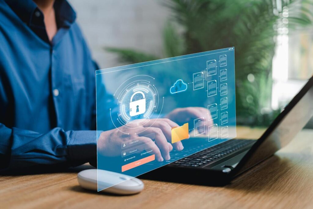 User typing on a laptop with holographic lock, cloud, and document icons, illustrating secure cloud document access, user authentication, and protected data sharing.