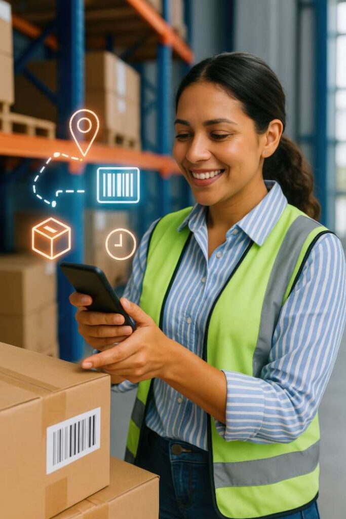 Close-up of a person in a warehouse with their face blurred, standing in front of shelves of boxes, alongside glowing digital icons of a location pin and a barcode, symbolizing tracking and inventory management.