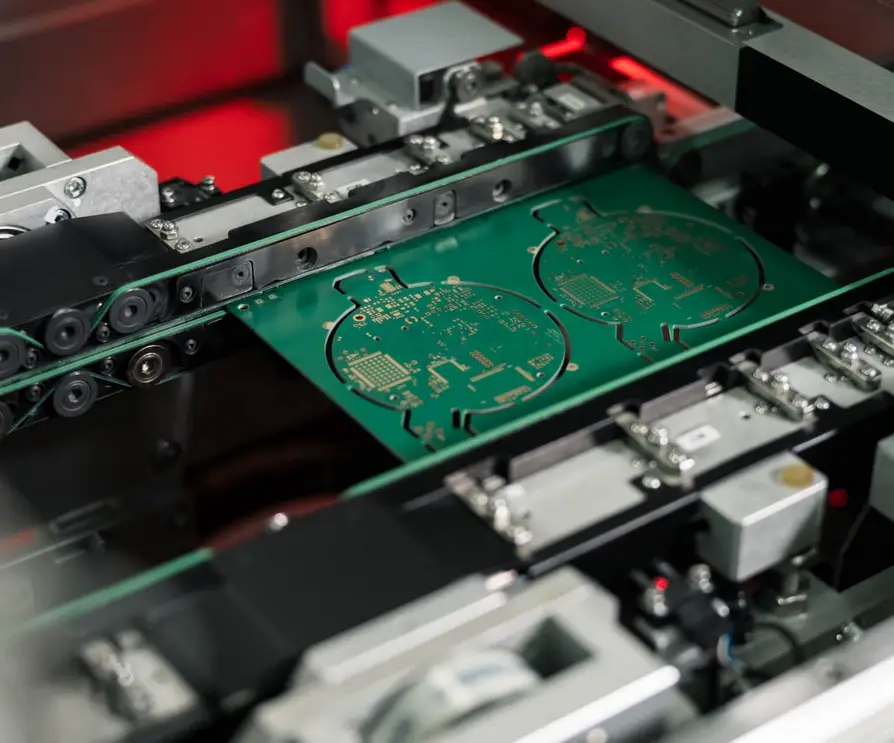 Printed circuit board (PCB) panel moving through an automated manufacturing machine during an electronics production process.