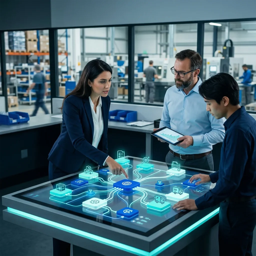 A team of logistics experts using a dynamic, interactive digital supply chain management interface, optimizing end-to-end operations from inventory to delivery.