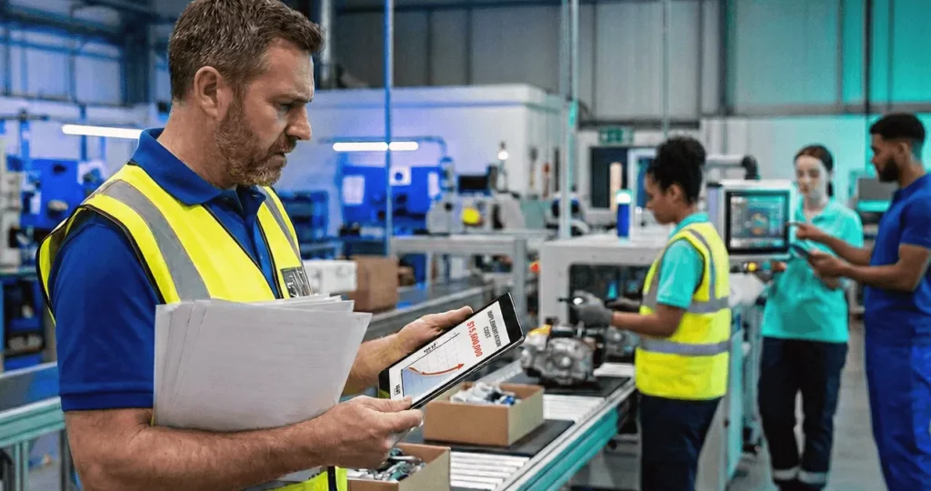 A man in a warehouse uses a tablet to see the costs of switching ERP platforms.