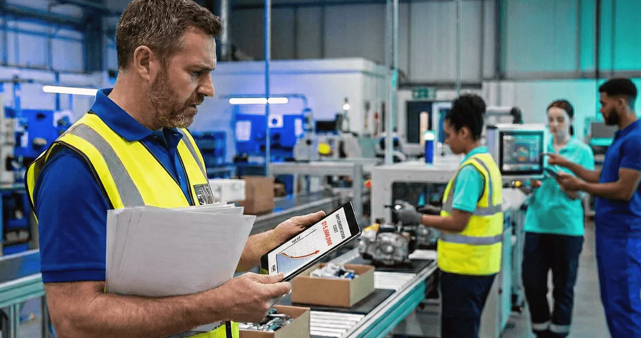 A man in a warehouse uses a tablet to see the costs of switching ERP platforms.