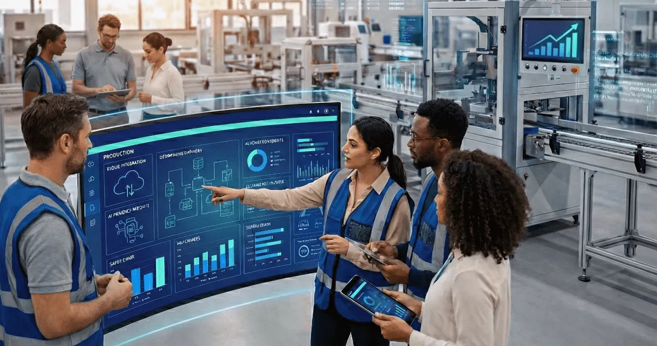 Three workers at a manufacturing office analyze data to see if upgrading their ERP is worth it.