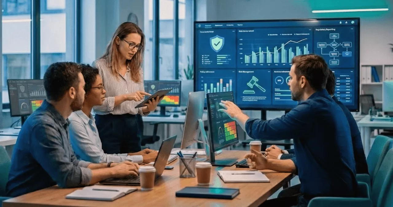 Manufacturing and operations team reviewing ERP compliance and manufacturing compliance data on dashboards and laptops in a modern production-focused office.