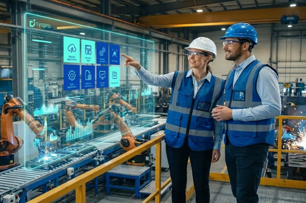 Two workers in Syspro safety gear extending your ERP through a dashboard of applications on a factory floor.