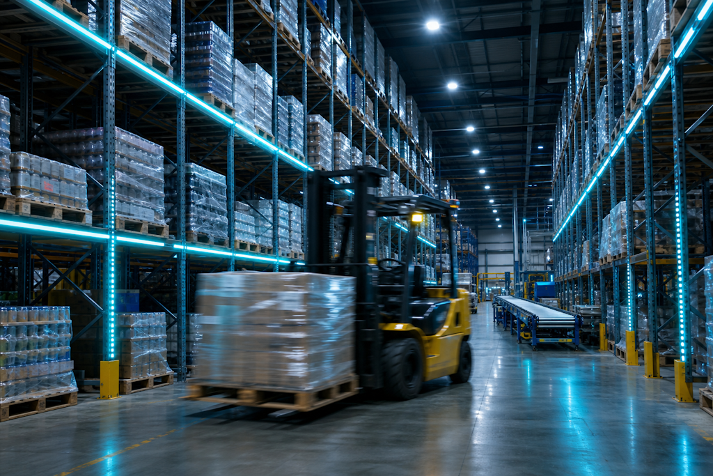 Forklift moving pallets in a high-bay distribution centre, showing the supply chain motion a legacy ERP often reports hours after the fact.