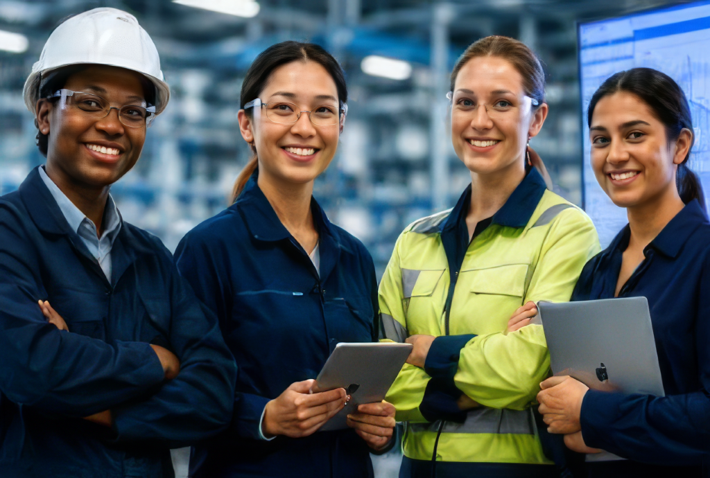 Four women engineers stand together on a manufacturing floor, wearing coveralls, hi-vis and safety glasses. Two hold a tablet and a laptop.