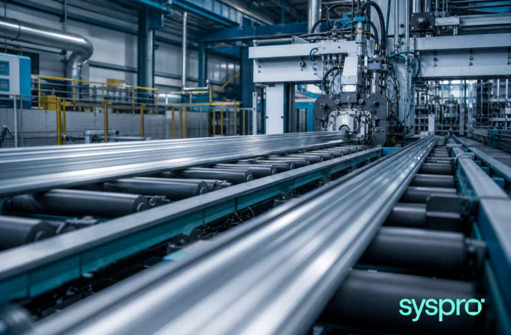 A modern automated aluminum extrusion line demonstrating scaling manufacturing (without adding staff) through efficient, high-tech machinery and lean operations