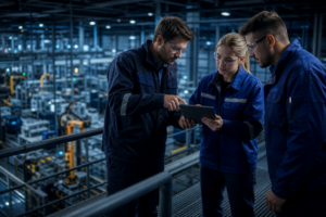 What is ERP? Manufacturing team reviewing production and inventory data on a tablet on the factory floor.