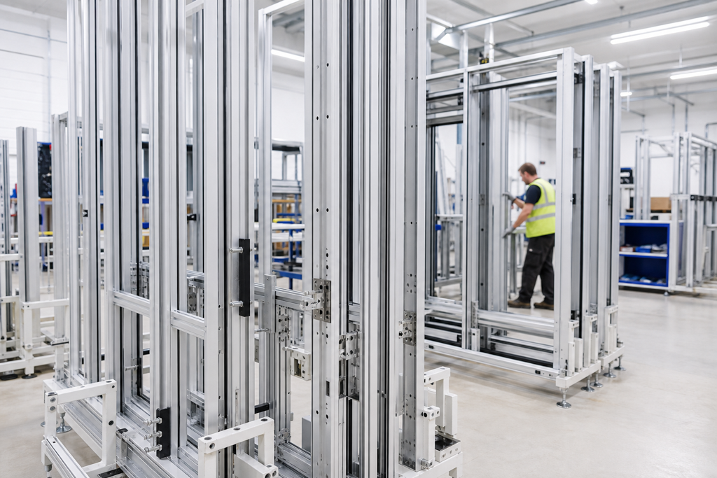 Aluminium wardrobe frames in assembly, showing what managing multi-division manufacturing operations looks like across brands.