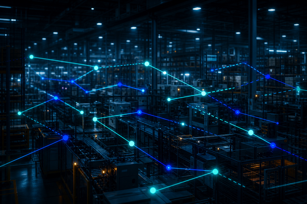 Modern manufacturing facility with glowing digital data connection lines overlaid across machinery, some fragmented, representing the manufacturing ERP integration cost of stitching shop-floor systems together.