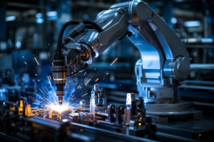 Industrial robotic arm mid-motion on an automated assembly line, illustrating the connected, automated workflows enabled by integrating eCommerce with manufacturing systems.
