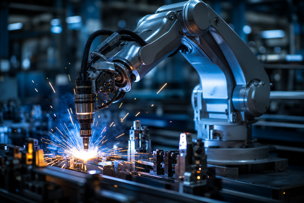 Industrial robotic arm mid-motion on an automated assembly line, illustrating the connected, automated workflows enabled by integrating eCommerce with manufacturing systems.
