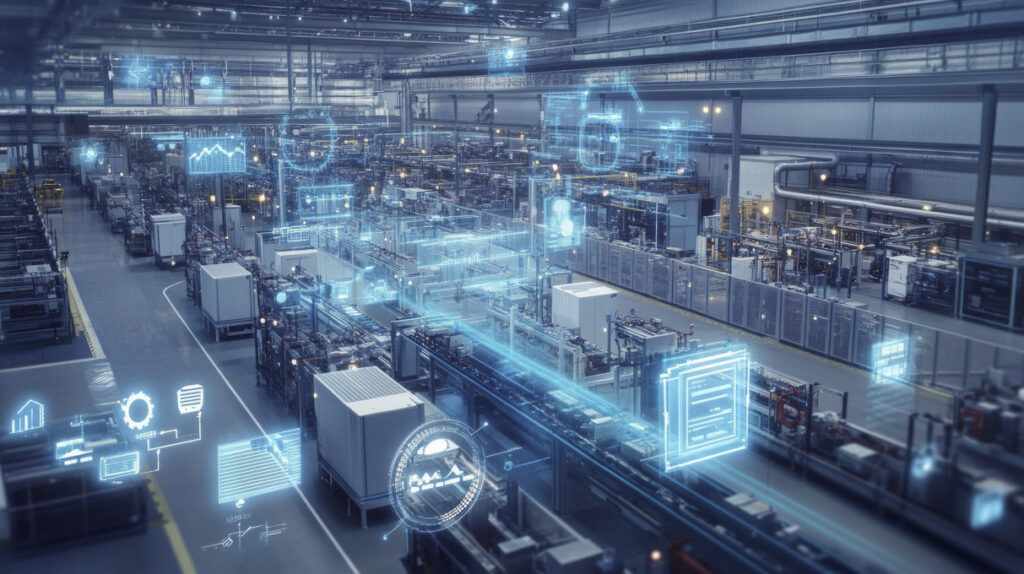 Overhead view of a manufacturing facility with digital data overlays showing dashboard charts, gear icons and circuit interfaces above industrial machinery, representing AI-ready ERP integration across the production floor.