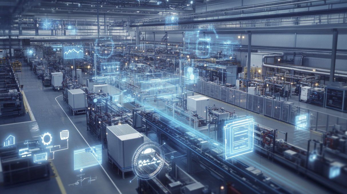 Overhead view of a manufacturing facility with digital data overlays showing dashboard charts, gear icons and circuit interfaces above industrial machinery, representing AI-ready ERP integration across the production floor.