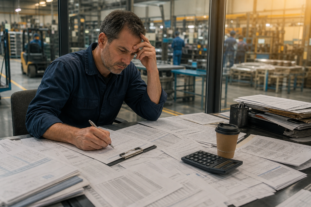 Production planner at a shop-floor office desk surrounded by printed schedules, illustrating the hidden admin cost of spreadsheets in manufacturing.