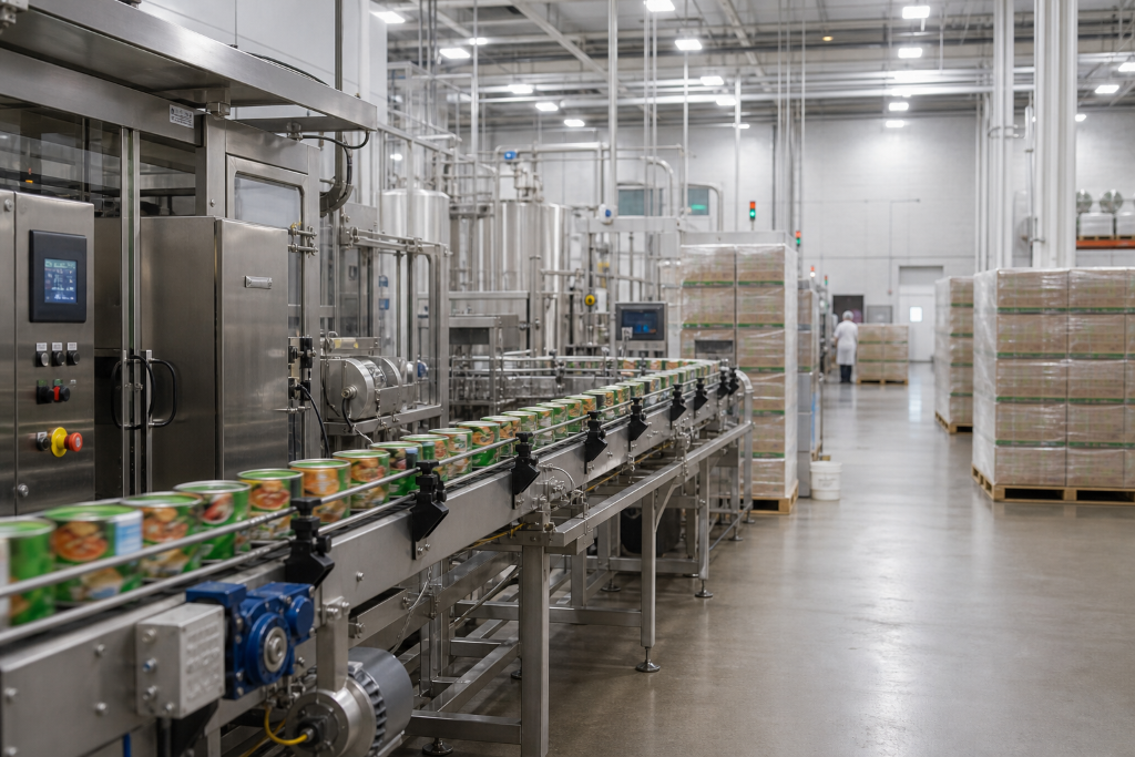 Wide view of a modern food manufacturing floor with stainless steel conveyors, packaged goods in motion, and pallets of finished products, reflecting the scale of Shelf Life Management in Food Manufacturing.