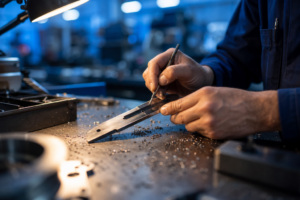 Machinist finishing a precision metal part on a shop floor running on a mid-market manufacturing ERP