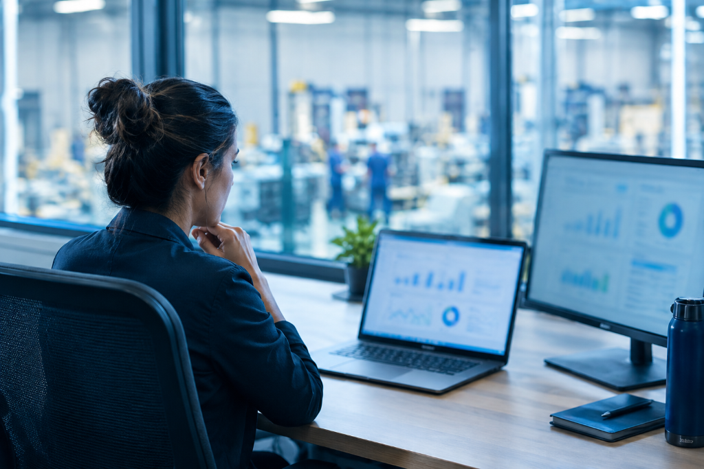 Demand planner reviewing ERP demand planning forecasts on a laptop in an office overlooking the factory floor.