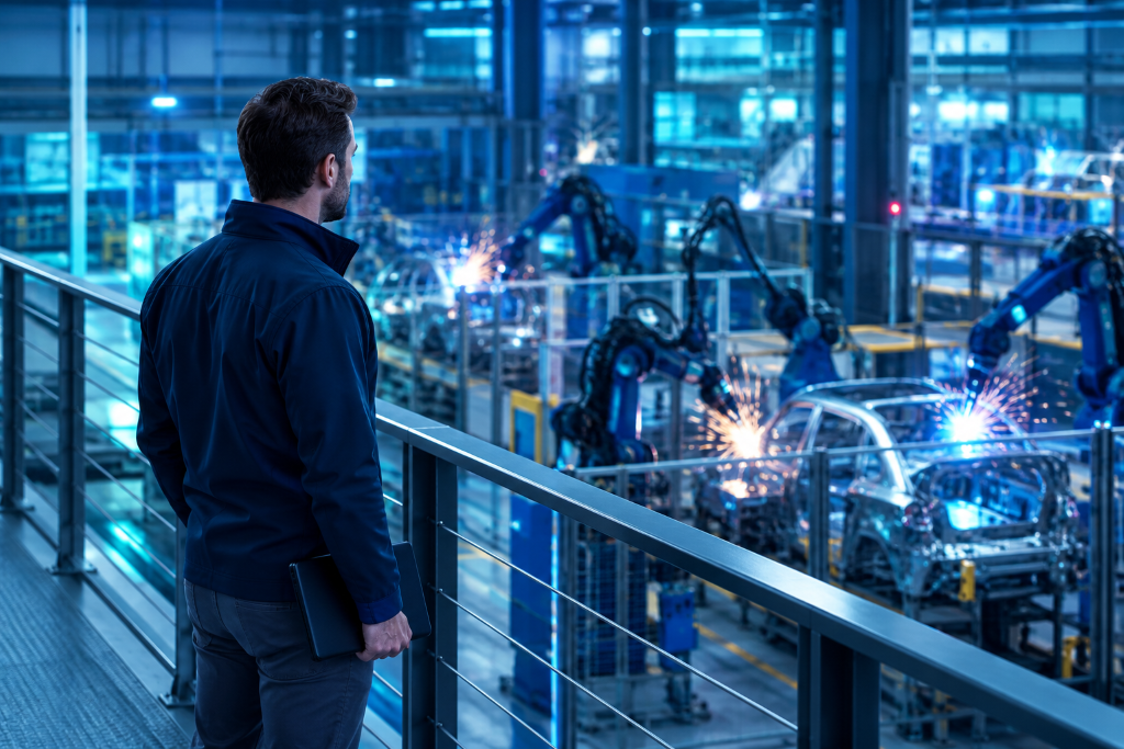 Make-to-order vs. make-to-stock planning: production planner with a tablet overlooks an automotive supplier shop floor