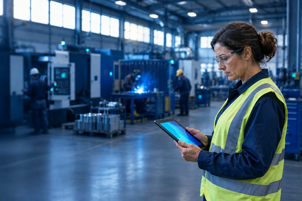A wide view of a mid-sized metal fabrication plant with a production supervisor holding a tablet in the foreground, turning shop floor data into daily operational decisions as workers in PPE set up CNC and welding stations behind her.