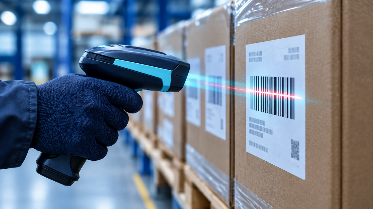 Handheld scanner reading a batch barcode label on a carton for lot traceability, with matching labeled cartons behind it.